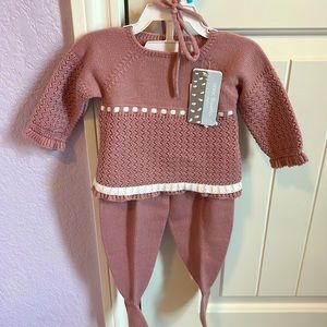 A pink three piece Sweater outfit for a 3 month old.